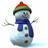 Pixelated snowman with red-green striped hat, blue scarf, and three red buttons on torso; arms are twig-like branches.
