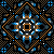 A static pixel art design featuring a symmetrical mandala-like pattern with blue, brown, white, and black colors on a dark checkered background.