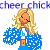 Pixel art icon of a cheerleader with blonde hair wearing a blue and white uniform holding a pom-pom, with partial text above reading "cheer chick".