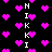 Black background with scattered pink pixelated hearts and vertical white text 'HIKKI' repeated in