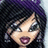 Pixelated cartoon character with dark hair and purple highlights, wearing large earrings, against a blue background with text fragments.