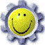 Three identical yellow smiley faces with black eyes and curved smiles, each encircled by a purple gear-like border on a gray background.