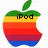 A static image of a rainbow-striped Apple logo with a bite taken out, featuring three variations of text below the leaf: 'iPod', 'iPhone', and 'iHaley' in black pixelated font.
