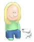 A cartoon character with blonde hair, green shirt, and blue pants stands next to a white dog on a gray background.