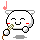 Pixel art character with white rounded head, black outline, red cheeks, and closed eyes holding a checkered microphone against gray background.