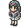 Pixel art character in gray and pink outfit with helmet, shown in four poses with varying arm and leg positions.