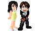 Pixel art of two characters standing side-by-side, with the female character in a light green dress and the male character in black attire, showing sequential facial expression changes.