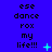 Blue background with repeated text 'ese dance rox my life!!!' and animated blue symbols changing across three