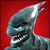 Pixelated character head with sharp angular features, glowing blue eye, and metallic gray skin against solid red background.