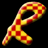 A pixelated, curved shape with a red and yellow checkered pattern on a black background.