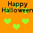Orange background with repeating green heart shapes and black text reading "Happy Halloween" in two horizontal