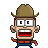 Pixel art of a cowboy character with wide eyes, open mouth showing teeth and red tongue, wearing brown hat and blue overalls.