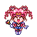 Pixel art contact sheet of three animated frames showing a cartoon character with pink hair in twin buns, blue and white outfit, holding a wand-like object against gray background.