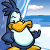 Animated pixel art of a blue and white penguin-like mascot holding snowballs in various poses against a snowy background with clouds and lightning bolts.