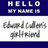 A pixelated image with text 'HELLO MY NAME IS Edward Cullen's girlfriend' and a heart symbol, alongside a partial portrait of a person.