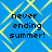 Blue background with yellow diamond lattice pattern and black pixelated text reading 'never ending summer!' in four quadrants.