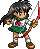 Pixel art character with dark gray hair, green skirt, white top with red bow, brown shoes, holding a red and silver sword-like object.