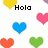 Pixelated heart-shaped icons in yellow, pink, blue, green, and red on white background with 'Hola' and 'David' text.