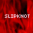 Red and black abstract background with white pixelated text "SLIPKNOT" in three positions.