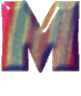 A single stylized letter M with a glossy, iridescent surface displaying shifting rainbow colors against a plain light gray background.