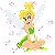 Pixelated cartoon fairy character with blonde hair in bun, green dress, white wings, and pink sparkles on gray background across three animation frames.