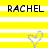 Yellow and white striped background with black text 'RACHEL' and a pixelated heart symbol in the lower right.