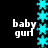 A 4-frame animated contact sheet showing a repeating pattern of cyan stars and white text "baby gurl" on black background, with each frame displaying the same static composition.