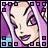 Four- of a cartoon character with light skin, purple eyes, and long pink hair against a purple background with blue accents