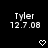 Pixelated text 'Tyler' and date '12.7.08' appear above two identical white heart icons on a black background.