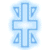 Two side-by-side pixelated cross icons with triangular extensions, one light blue and blurred, the other dark blue outlined with white center.