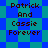 Static pixel art displays 'Patrick And Cassie Forever' text over blue and teal diamond-patterned background.