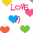 Pixelated heart shapes in yellow, pink, blue, green, and orange surround pink text reading LOVE, YOU, and TOO on a white background.