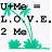 Pixelated green and black icon with text elements including 'U+Me', 'L.O.V.E.', '2 Me', and a green leafy shape on a light background.