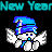 Pixel art contact sheet showing two frames of an animated New Year's buddy icon with a blue-hatted angel character and cyan text above.