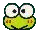 Pixelated green cartoon face with large white eyes and black pupils, showing four distinct expressions