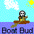 Pixelated scene with two identical figures on floating platforms under a sky with suns and clouds, text reading "Boat Bud Boat Bud" at the bottom.