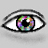Pixelated eye icon with multicolored iris, black pupil, white sclera, and dark eyelid outlines on gray background.