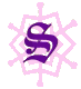 Animated sequence of stylized purple 'S' symbols within pink geometric frames on gray background, showing progressive size reduction and frame simplification.