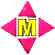 Yellow 'M' letter surrounded by pink diamond-shaped and triangular elements on gray background, with visible animation changes across frames.