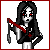 A 4-frame pixel art contact sheet showing a gothic character with long black hair, red eyes, and a blood-stained axe in the top-left frame, transitioning to full-body views across frames, ending with text asking "does it look like i care?".