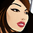 Pixelated close-up of a woman's face with brown hair, dark eyebrows, and red lips against a black background.