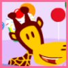 A pixelated giraffe with a yellow face and brown spots wears an ice cream cone on its head, set against a light purple background with a red circle.