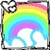 A rainbow arches over white clouds with a heart outline in the top-left corner, displayed in a