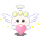 Pixelated angel icon with white wings, yellow halo, and pink heart held in both hands across multiple poses.