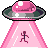 Pixelated pink UFO with dark green and gray accents emits a pink beam containing a running stick figure, set against a gray background.