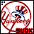 A circular red 'Yankees' logo with a blue and white baseball player figure, surrounded by four small colored squares in the top-left corner; below is bold black text reading 'SUCK'.
