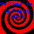 Red and black spiral pattern with blue text reading "welcome to my happy place" repeated across four quadrants.