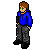 Pixel art character with brown hair, green eyes, blue hoodie, gray pants, and black shoes standing against a gray background.