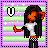 Pixel art character with long black hair and orange skin wears white shirt and black pants, standing against striped background with heart symbol.