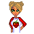 Pixel art buddy icon split into two sections: left shows a cartoon character with blonde hair and green eyes wearing a strawberry graphic shirt, right displays light blue text on red background reading "i make boys cry".